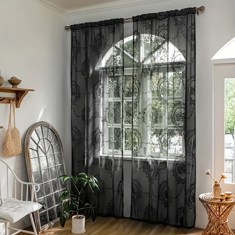French Lace Curtains 2 Panels - Romantic European Retro Embroidery Floral Semi-Sheer Rod Pocket Drapes, 57" Wide Light Filtering Window Curtains for Living Room Bedroom Balcony, White Green Black