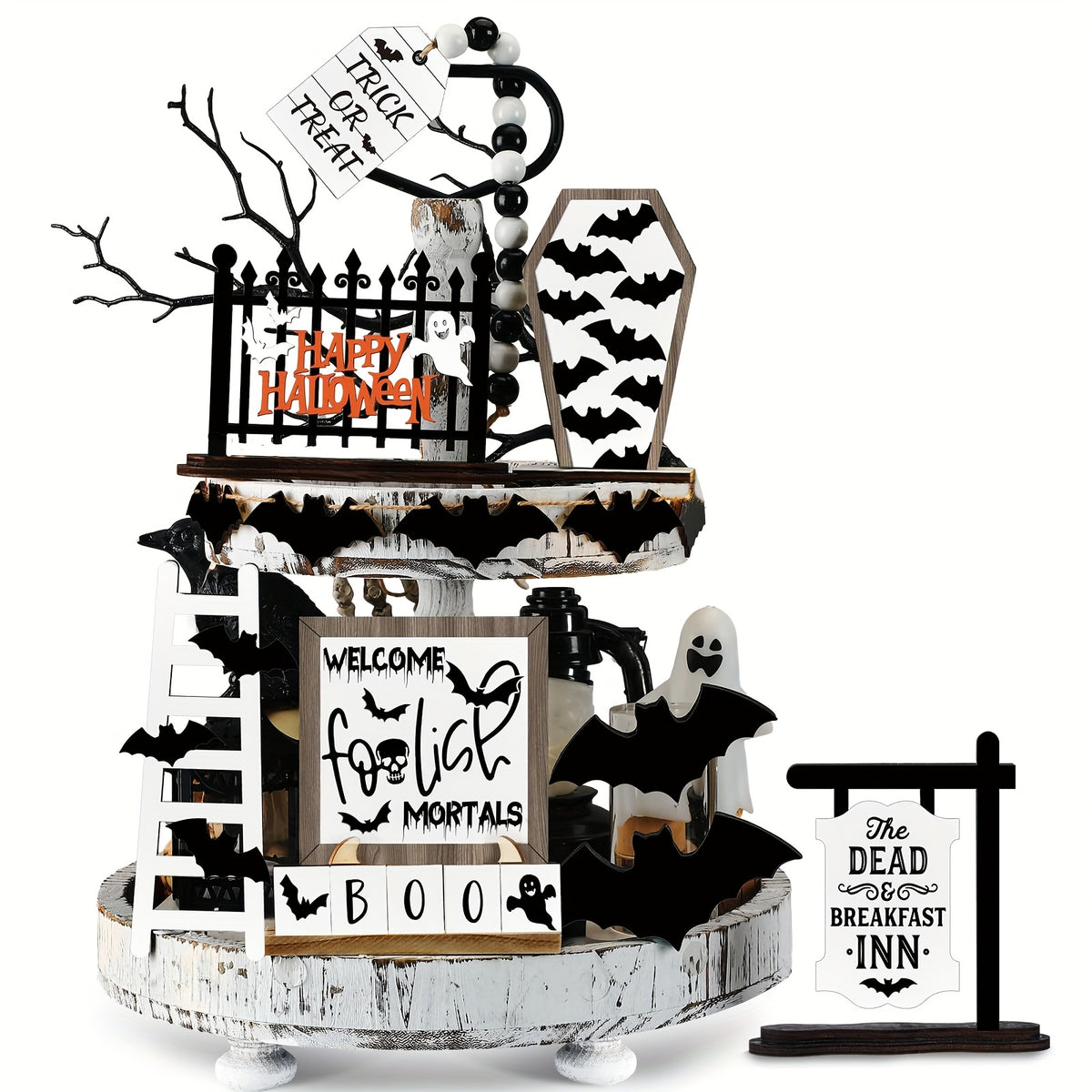 14-Piece Halloween Tiered Tray Decoration Set – Farmhouse Rustic Black & White Bat Wooden Signs for Table Kitchen Den Halloween Party