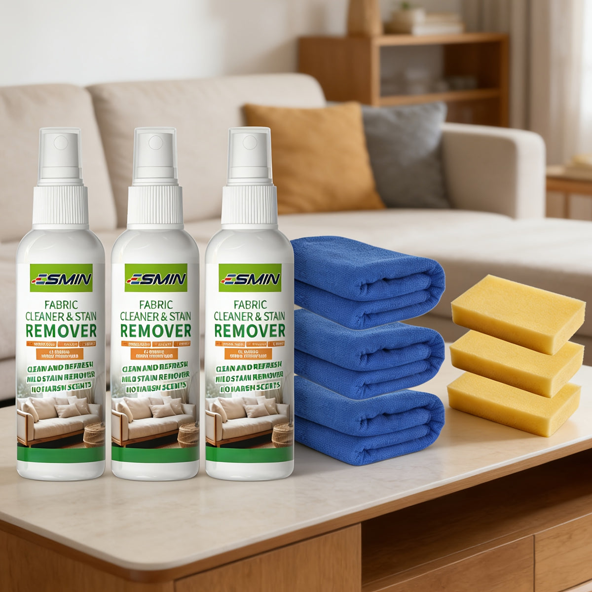 Citric Acid Sofa & Fabric Stain Remover Kit with Sponge & Towel – Quick-Drying Upholstery Cleaner Spray for Sofas, Car Interiors & Furniture | 1-Set or 3-Set Bundle