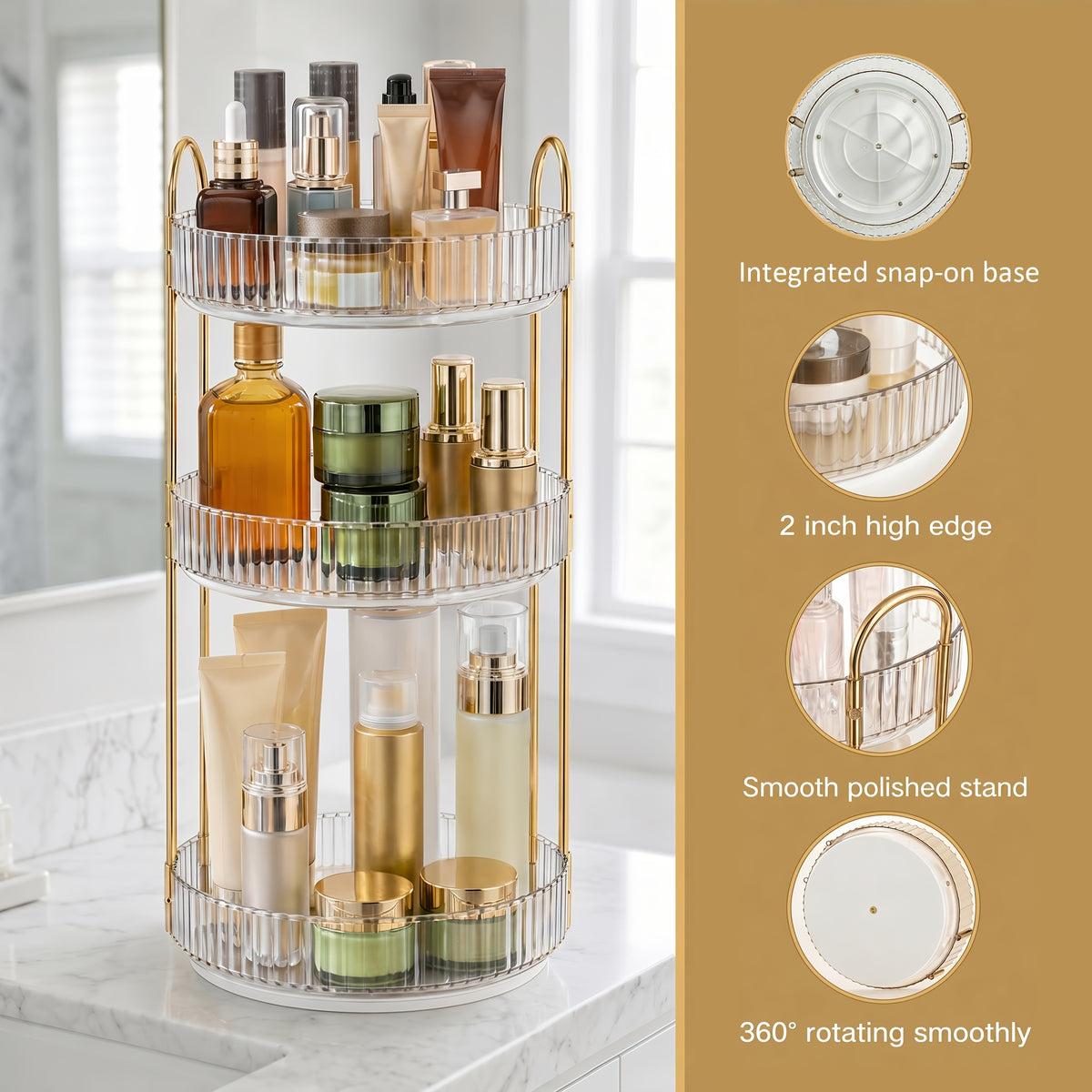 360° Swivel Makeup Organizer 3-Tier Countertop - Rotating Perfume & Cosmetic Organizer, Large Capacity Skincare Storage Rack for Bathroom Dresser Vanity