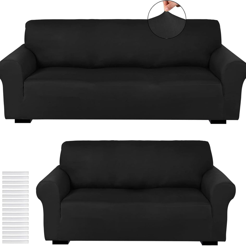 Stretch Sofa Cover Set 2 Piece Form Fit Slipcover for 2 Seater & 3 Seater Couch – Wrinkle Proof Loveseat Furniture Protector, 5 Colors, Milk Silk