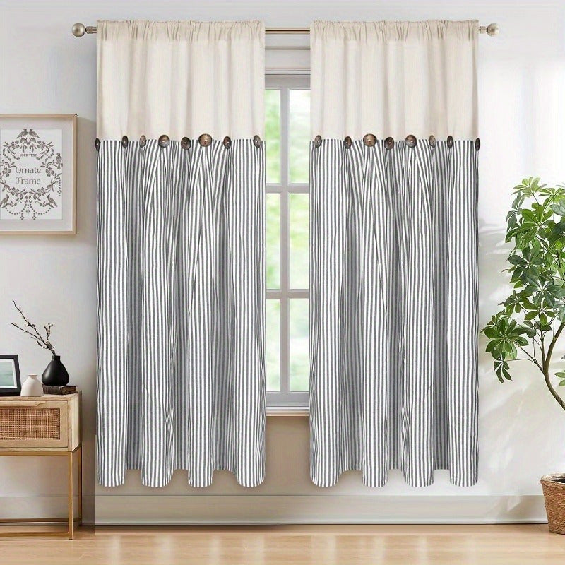 Striped Patchwork Semi-Sheer Rod Pocket Curtains – Bohemian Tiered Window Panels for Bedroom, Living Room, Kitchen, Bathroom & Cafe | 1 or 2 Pcs