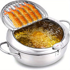 Deep Fryer Pot 304 Stainless Steel Japanese Tempura Frying Pot with Oil Drain Rack, Temperature Control & Lid - Stovetop & Induction Compatible for French Fries, Chicken, Donuts - Home Kitchen