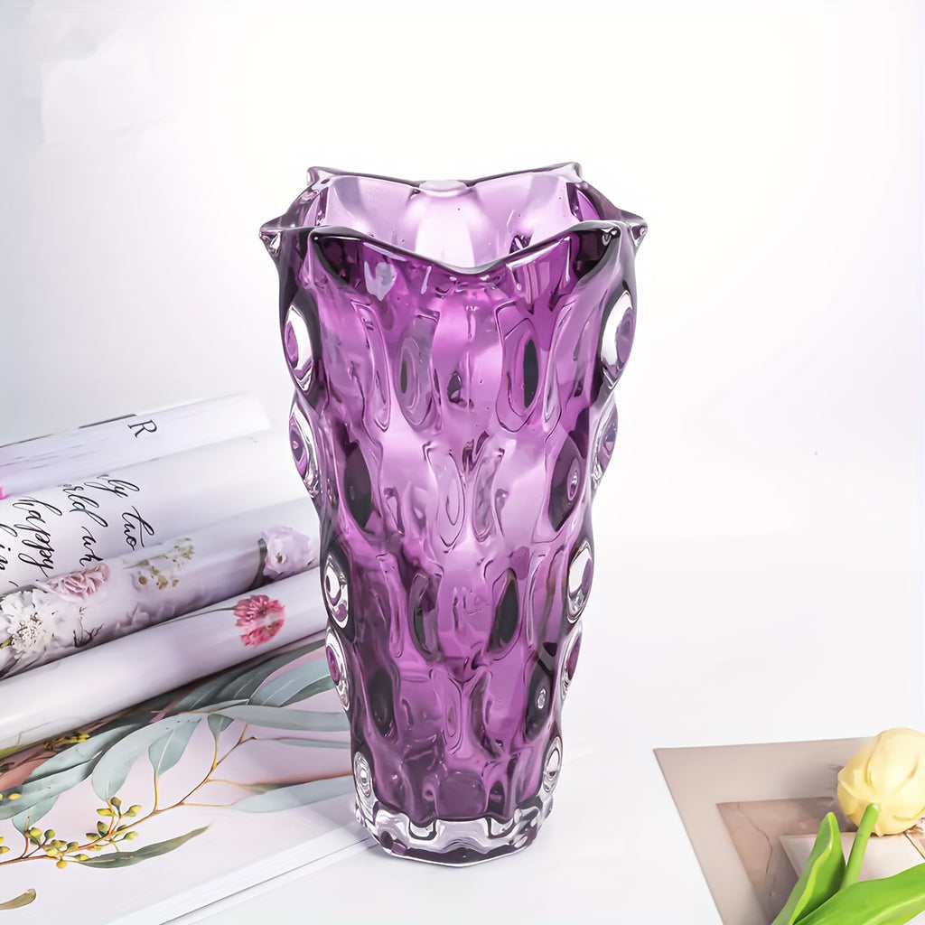 Handmade Purple Crystal Glass Vase – Irregular Striped Decorative Flower Arrangement Vase for Living Room, Office, Desktop, Wedding & Party, Luxury Home Ornament