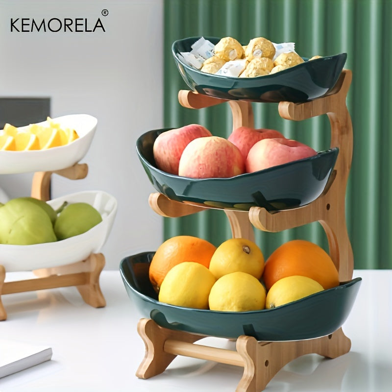Tiered Fruit Basket Bowl 2-3 Layer Bamboo Wood Stand Kitchen Counter Serving Tray Snack Candy Plate with Fork European Style