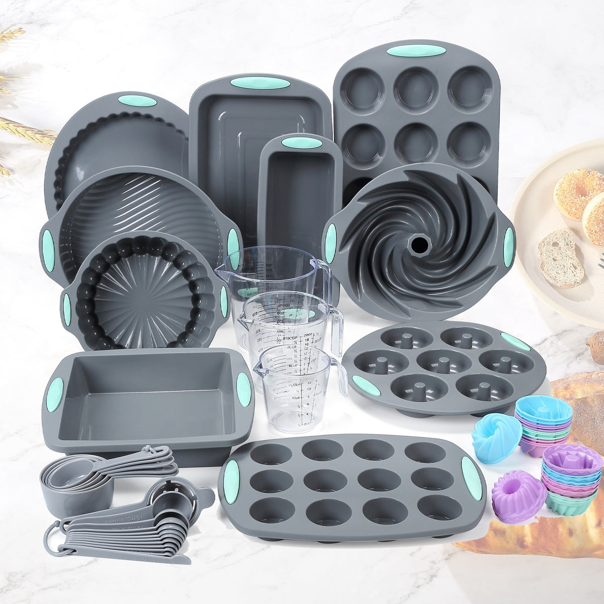 Silicone Bakeware Set – 45, 53 or 83-Piece with Cake Molds, Baking Sheet, Donut Pan, Muffin Pan, Baking Cups & Measuring Cups and Spoons