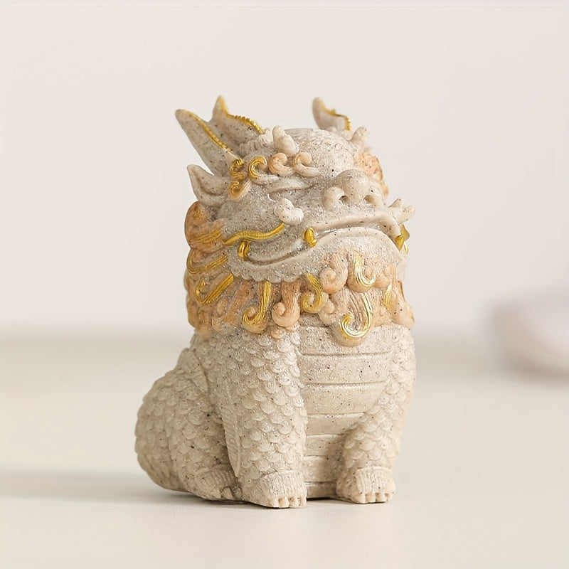 Pixiu Statue Wealth & Blessings Stone Figurine with Golden Floral Designs – Feng Shui Mythical Creature Decorative Sculpture for Living Room, Cabinet, Office & Home Display Gift