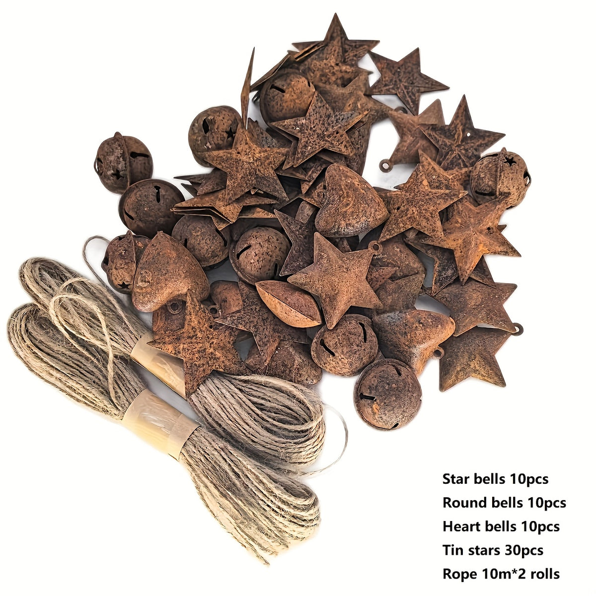 62-Piece Rustic Christmas Iron Bells Craft Kit – Vintage Heart, Star & Round Bells with Iron Stars & 2 Rolls of Rope for Christmas Tree, Wreath, Party & Home Decor DIY Crafts