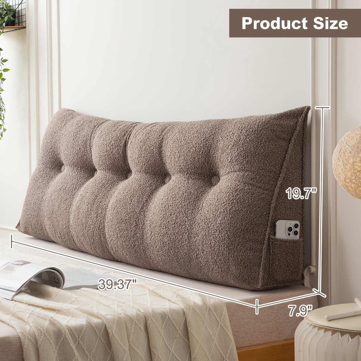 Wedge Headboard Pillow with Side Pocket Triangular Bed Reading Backrest Bolster, Teddy Velvet Removable Washable Cover Bed Gap Filler for Twin Queen King, 7 Colors