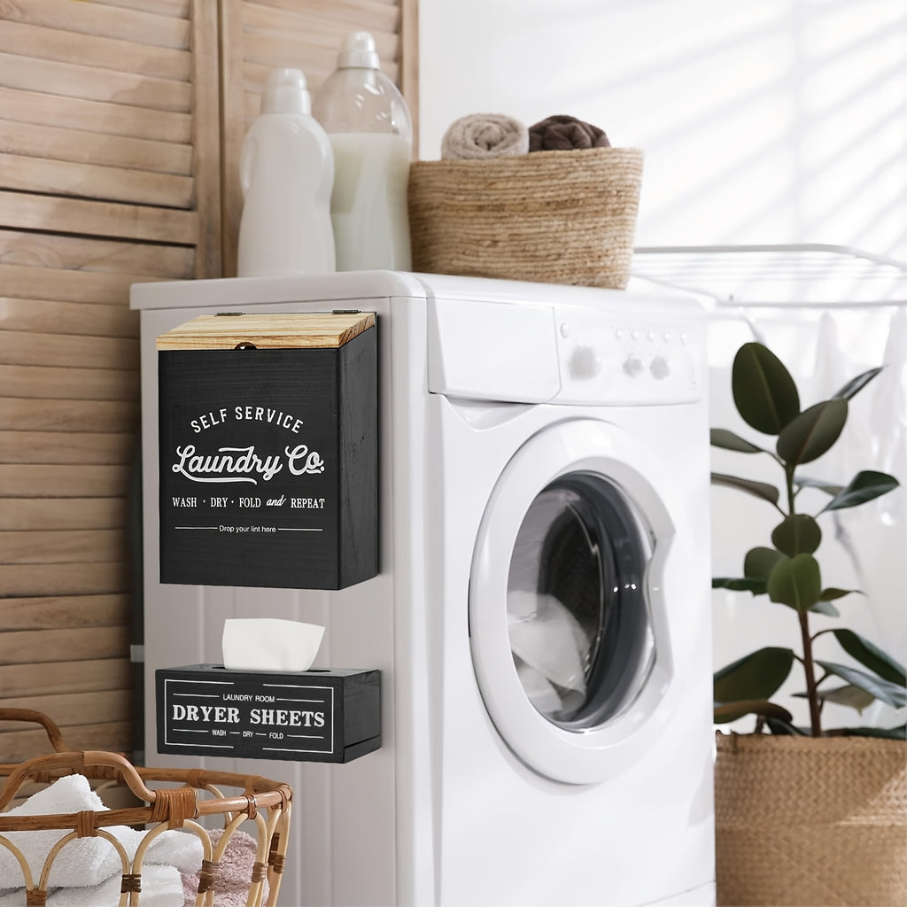 Magnetic Lint & Dryer Sheet Holder Set of 2 – Farmhouse Wood Lint Trash Can with Lid & Magnetic Dryer Sheet Dispenser Box for Laundry Room, Dryer & Wall Mounted Lint Basket