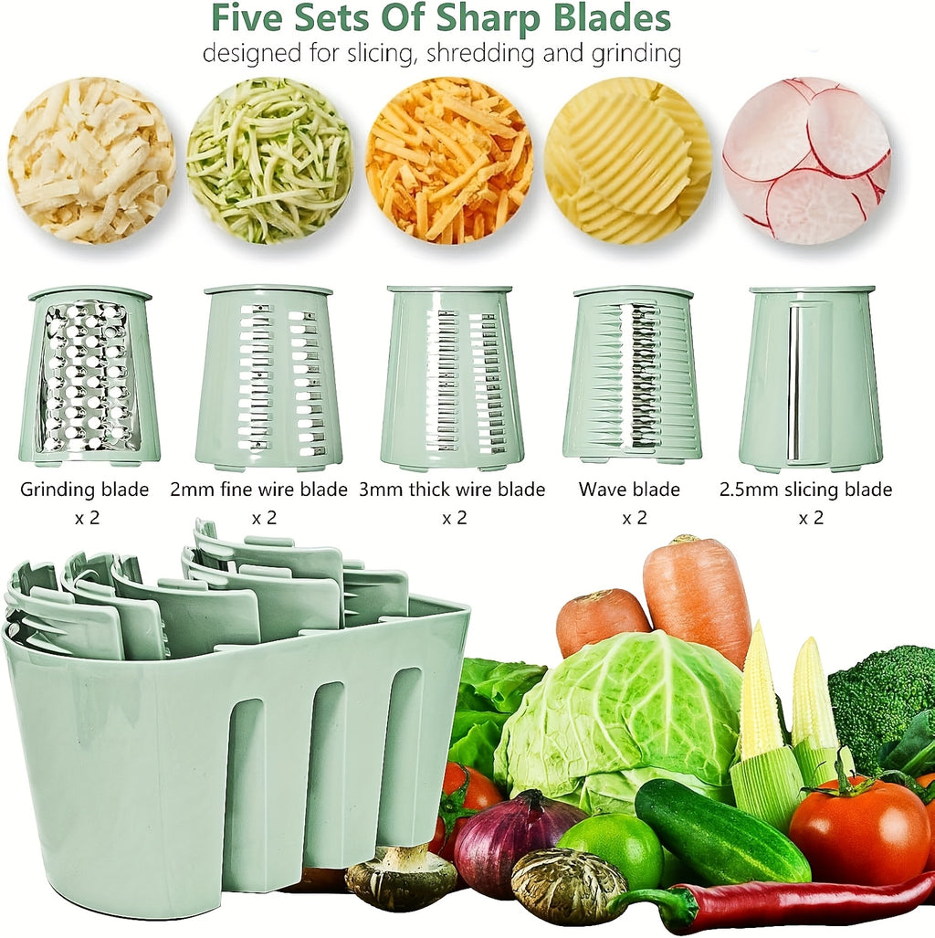 5-in-1 Rotary Cheese Grater with Interchangeable Blades, Suction Cup Base & Handle – Manual Vegetable Slicer Shredder for Cheese, Fruits, Nuts & Vegetables – Easy Clean Kitchen Tool Set