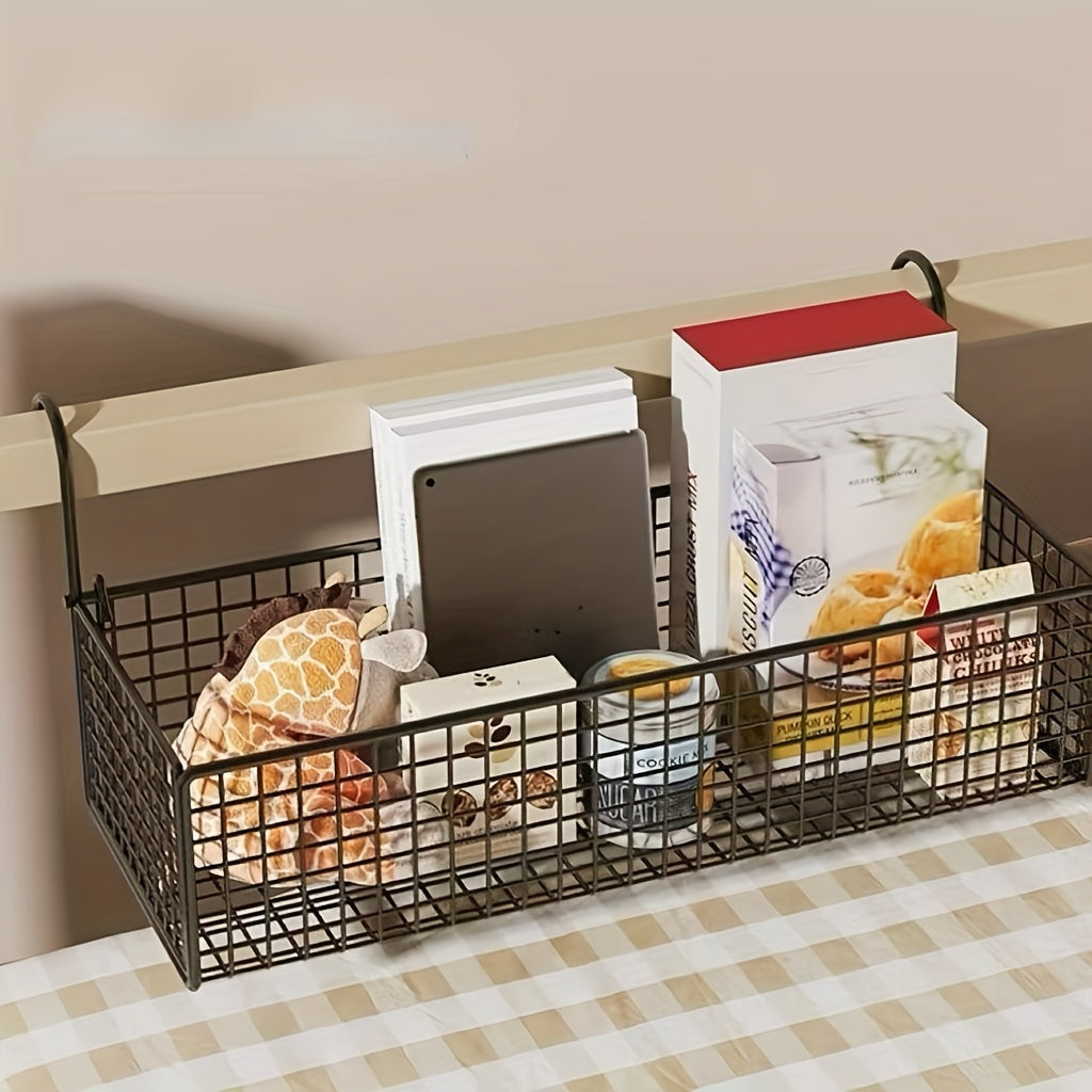 Door Back Hanging Mesh Basket Black Metal Storage Rack – Woven Mesh Iron Frame Over-Door Space-Saving Organizer for Dormitory, Bedroom & Wardrobe, Multi-Functional Shelf Basket