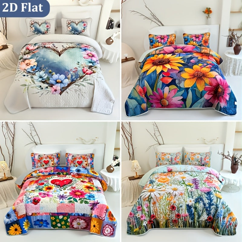 Floral Quilt Set 2 or 3 Piece – Colorful Flowers & Plants Quilted Bedspread with Pillowcases, Soft Breathable Hypoallergenic Machine Washable Bed Cover Twin Queen King