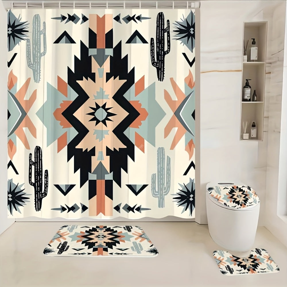 Boho Shower Curtain Set 4 Piece - Bohemian Pattern Bathroom Set with 12 Hooks, Non-Slip Toilet U-Pad & Lid Cover, Colorful Mandala Decor for Apartment Home Bathroom, Holiday Gift