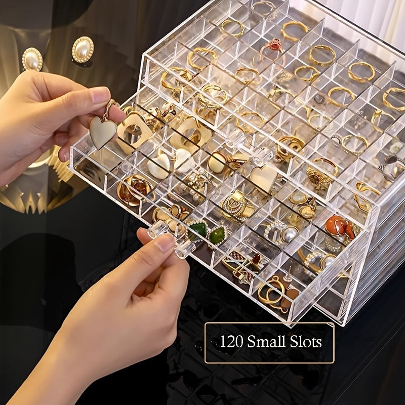 Jewelry Organizer Box Acrylic Clear with 5 Drawers & 120 Compartments, Transparent Earring Storage Box Ring Holder Display Stand for Women, Earring Organizer Jewelry Box