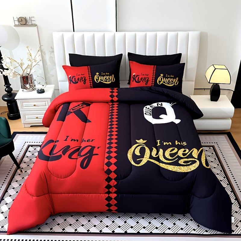 3-Piece Comforter Set Black Grey Color Block Crown Letter Print, Soft Breathable 180GSM Quilted Bedding Set with 2 Pillowcases, Digital Printing, Twin Full Queen King for Bedroom & Dorm