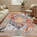 Tiger Jungle Area Rug – Washable Non-Slip Indoor Carpet for Living Room, Bedroom & Home Office | Red, Green, Beige | 5x7 to 9x12 ft | Nuvia Haven