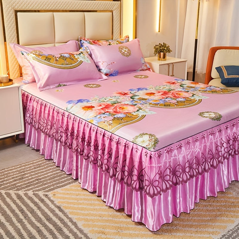 Bedding Set 3-Piece Double Layer Ruffle Bed Skirt Cool Mat with Pillowcases – Washable 360° Full Wrap Twin Full Queen King, 4 Printed Styles