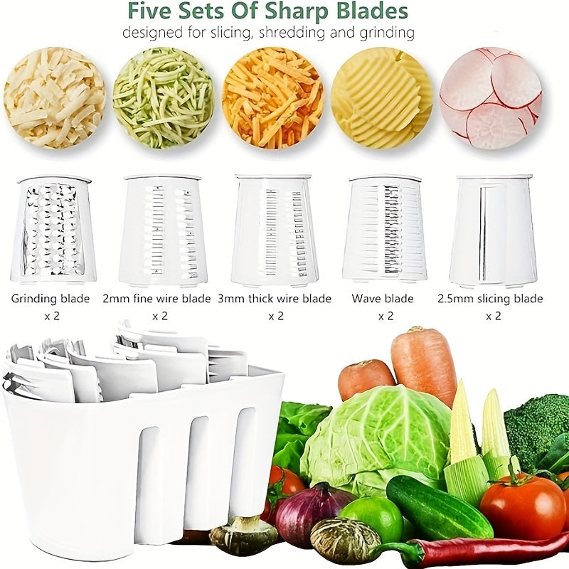 5-in-1 Rotary Cheese Grater with Interchangeable Blades, Suction Cup Base & Handle – Manual Vegetable Slicer Shredder for Cheese, Fruits, Nuts & Vegetables – Easy Clean Kitchen Tool Set