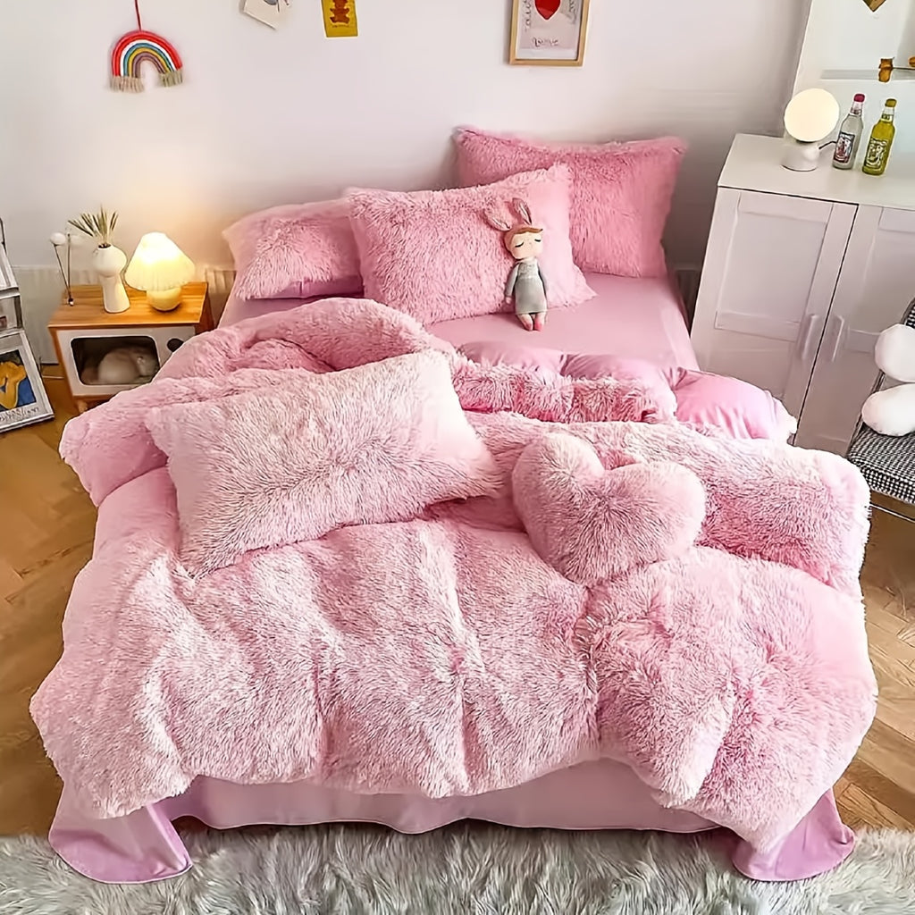 Plush Faux Fur Duvet Cover Set for Kids & Teens, 3/4 Pcs with Pillowcases & Heart Pillow, Super Soft Warm Faux Fur Comforter Cover, Machine Washable Lodge Style Bedding, Twin Queen King