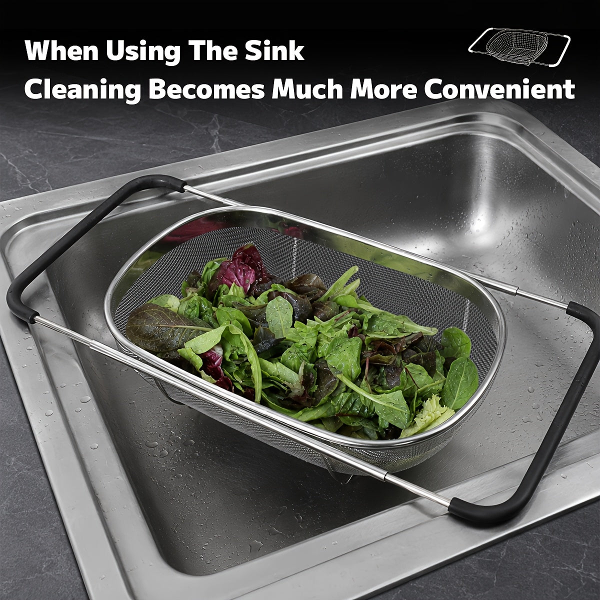 Expandable Over-the-Sink Stainless Steel Colander Strainer Basket – Fine Mesh with Rubber Grip for Draining Vegetables, Fruits & Pasta, Adjustable Sink Strainer, Small or Large