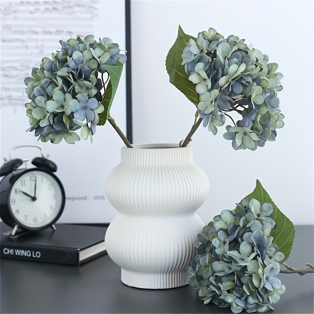 Faux Silk Blue Hydrangea Bouquets 4pcs Deep Lake Blue Artificial Flowers with Green Foliage Long Lasting Polyester Blooms for Home Wedding Event Floral Decor