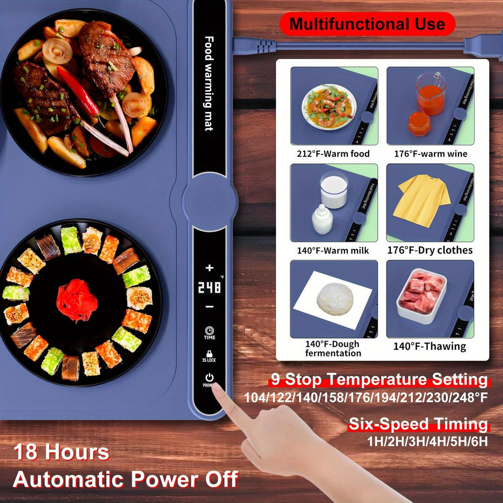 Roll-Up Electric Food Warming Mat with 6 Temperature Levels & 6-Hour Timer – Full Surface Heating Tray for Holiday Parties, Buffets & Entertaining