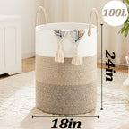 Collapsible Woven Rope Laundry Basket & Hamper - 4 Sizes (12-26 Gal), Cotton Rope Storage Basket for Dirty Clothes, Blankets & Toys, Boho Bathroom Nursery & Living Room Decor