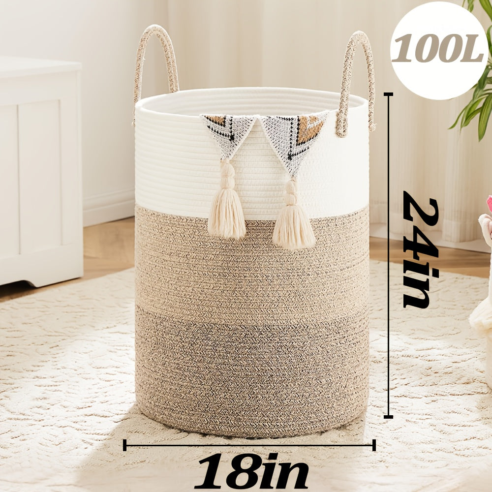 Collapsible Woven Rope Laundry Basket & Hamper - 4 Sizes (12-26 Gal), Cotton Rope Storage Basket for Dirty Clothes, Blankets & Toys, Boho Bathroom Nursery & Living Room Decor