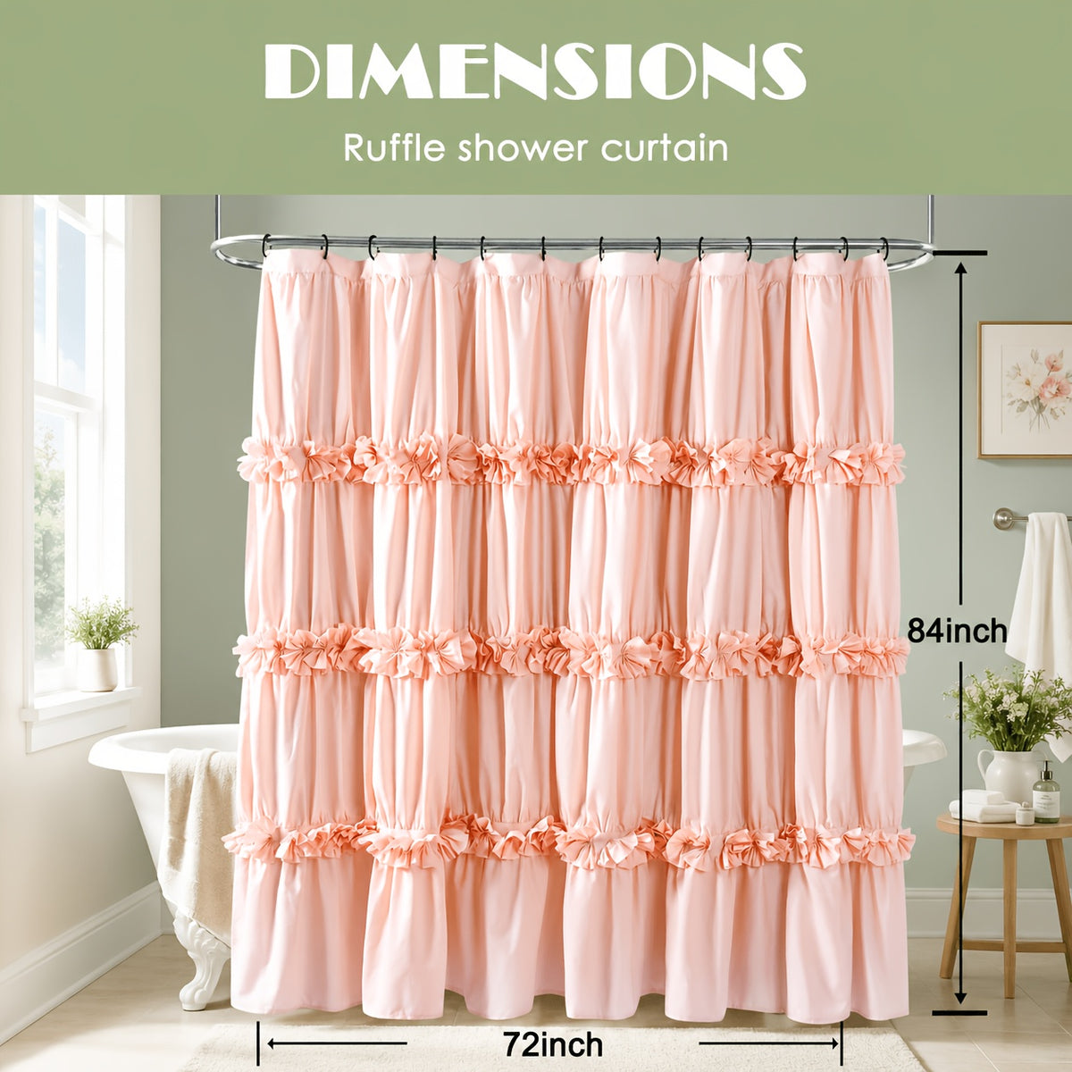 Bow Tie Ruffle Shower Curtain Vintage Handcrafted - Waterfall Ruched Fabric Bath Curtain with Hooks, Quick Dry Machine Washable, Farmhouse Romantic Decor, Multiple Sizes & Colors