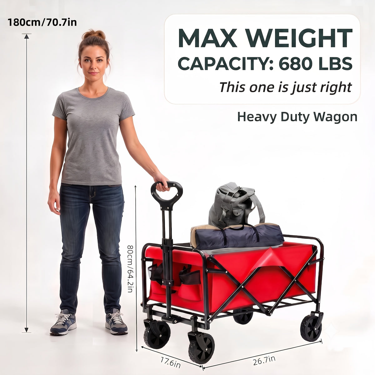 Heavy Duty Folding Utility Cart Wagon with All-Terrain Wheels, 680LBS Capacity Outdoor Camping Garden Shopping Yard Beach Sports Equipment Collapsible Wagon