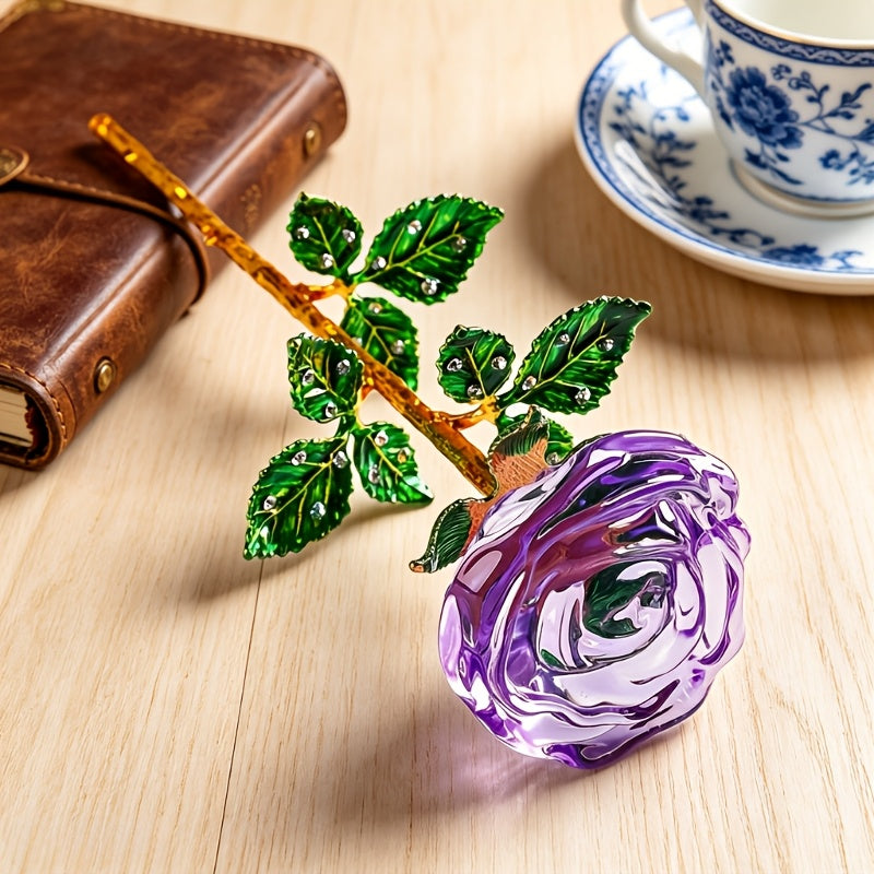Crystal Rose Decorative Accent Flower Sculpture, Single Stem Glass Rose Home Decor Ornament, Indoor Outdoor Room Decoration, Valentine's Day Christmas Birthday Gift for Her Him – 4 Colors
