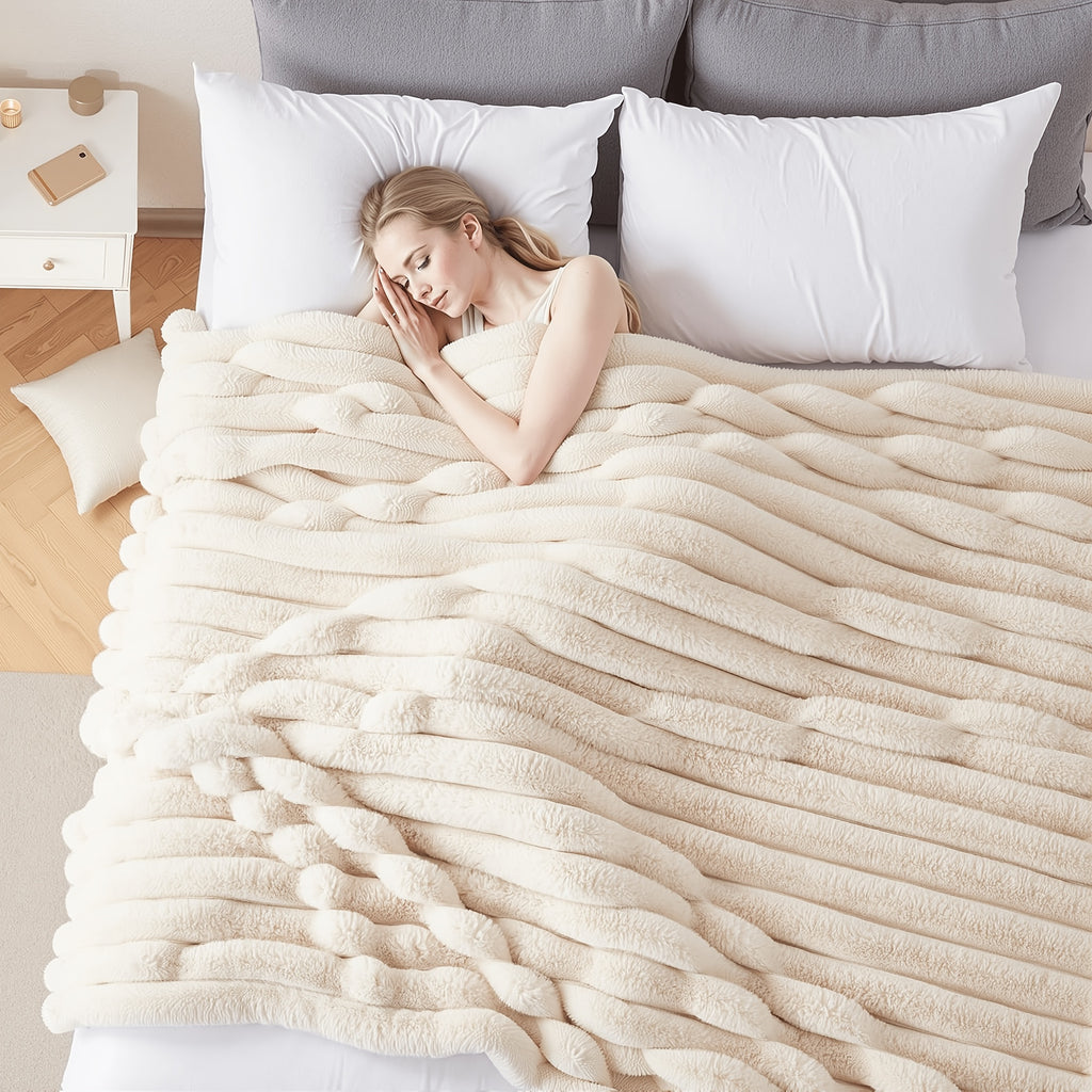 Faux Rabbit Fur Throw Blanket Ultra Soft Fluffy Striped Plush Blanket for Couch Bed Sofa Luxury Warm Winter Blanket Pink Light Brown