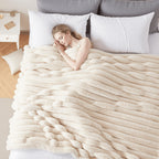 Faux Rabbit Fur Throw Blanket Ultra Soft Fluffy Striped Plush Blanket for Couch Bed Sofa Luxury Warm Winter Blanket Pink Light Brown