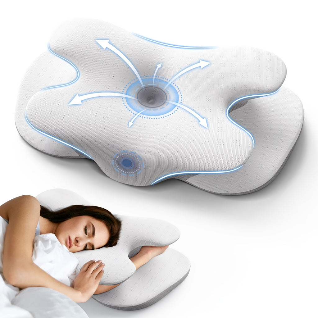 Ergonomic Cervical Memory Foam Pillow – Contour Support with Cooling Silk Cover | White & Gray