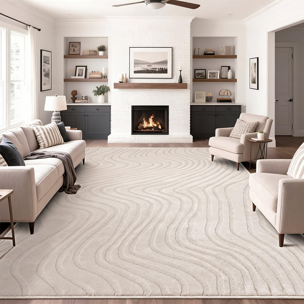 Soft Fluffy Arch Pattern Area Rug – Non-Slip Washable High-Low Pile Geometric Carpet for Living Room, Bedroom & Dining Room, Beige, Multiple Sizes
