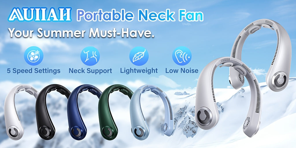 Neck Fan 5-Speed Bladeless Quiet 360 Airflow Rechargeable Personal Cooling Wearable Fan for Hot Flashes Travel Camping Amusement Park Home Office Outdoor Gift for Women Men Dark Blue
