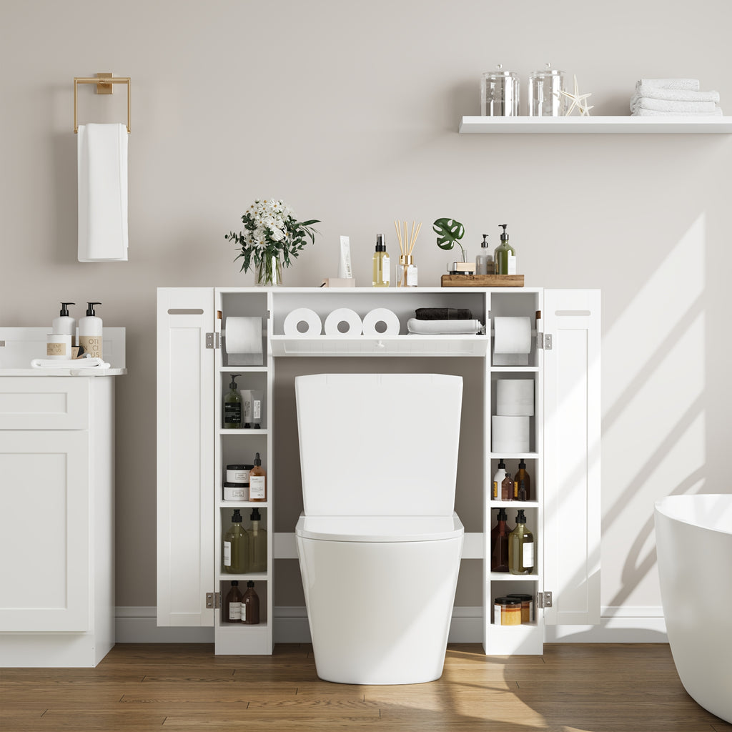 Over Toilet Storage Cabinet White Bathroom Cabinet with Toilet Paper Holder Adjustable Shelves Two Side Doors and Pull-Down Door Space Saving Bathroom Organizer