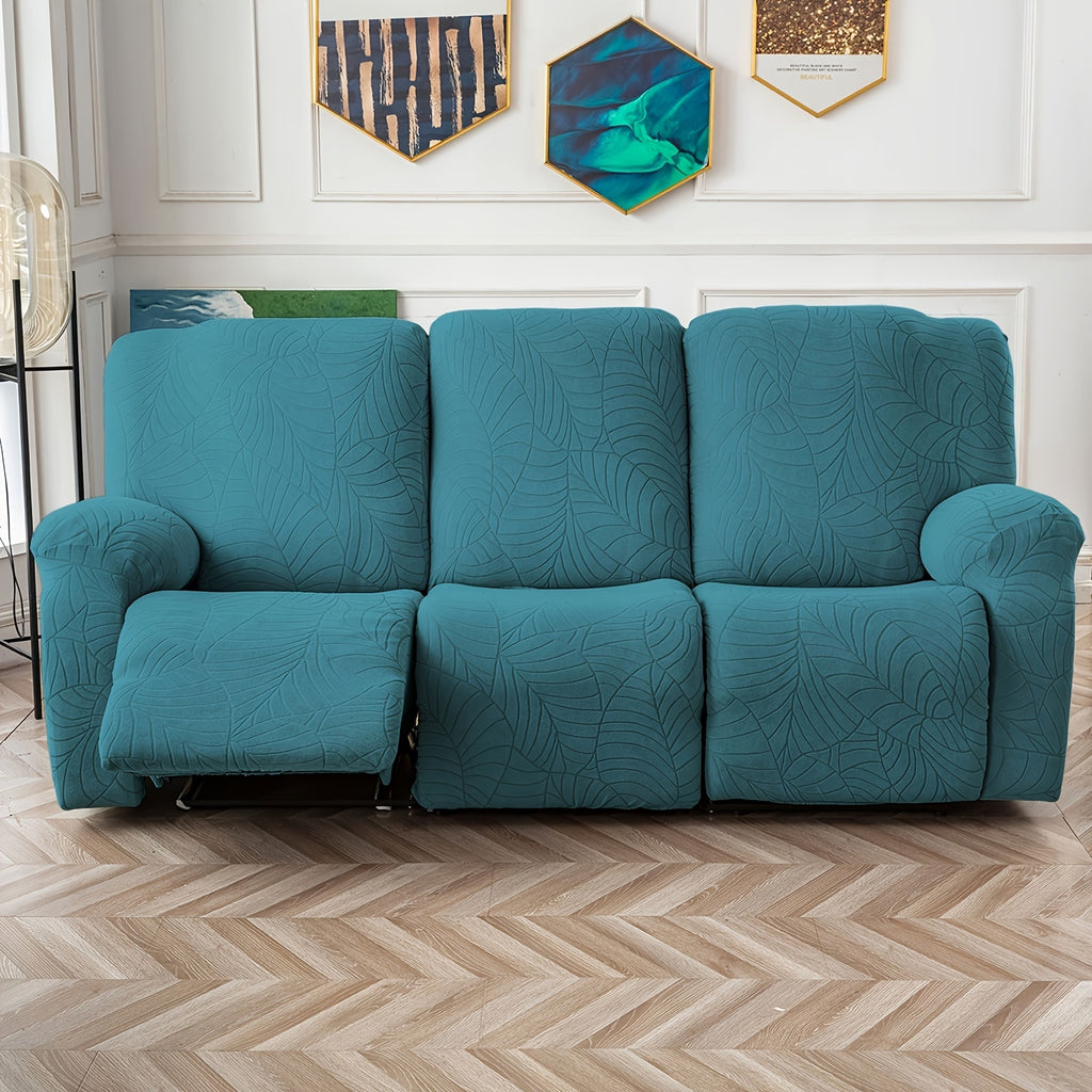 Jacquard Stretch Recliner Sofa Cover – Big Leaves Pattern, 1/2/3 Seater & Loveseat with Console, Winter Insulation Soft Washable, 6 Colors