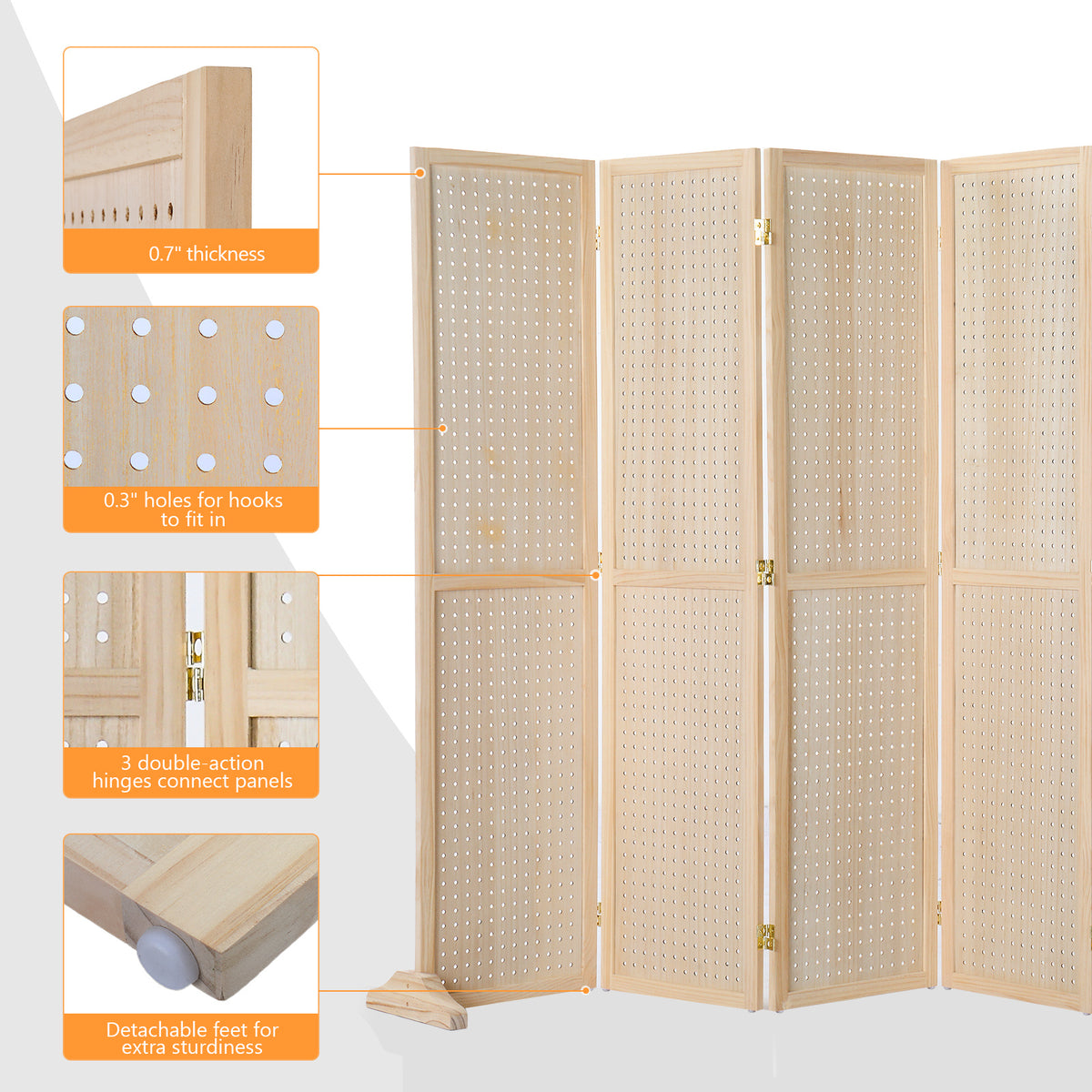 5 FT Freestanding Pegboard Room Divider | Wood Folding Privacy Screen & Display Board Organizer with Support Feet – White, Black, Natural, Grey | Craft Shows, Retail & Home