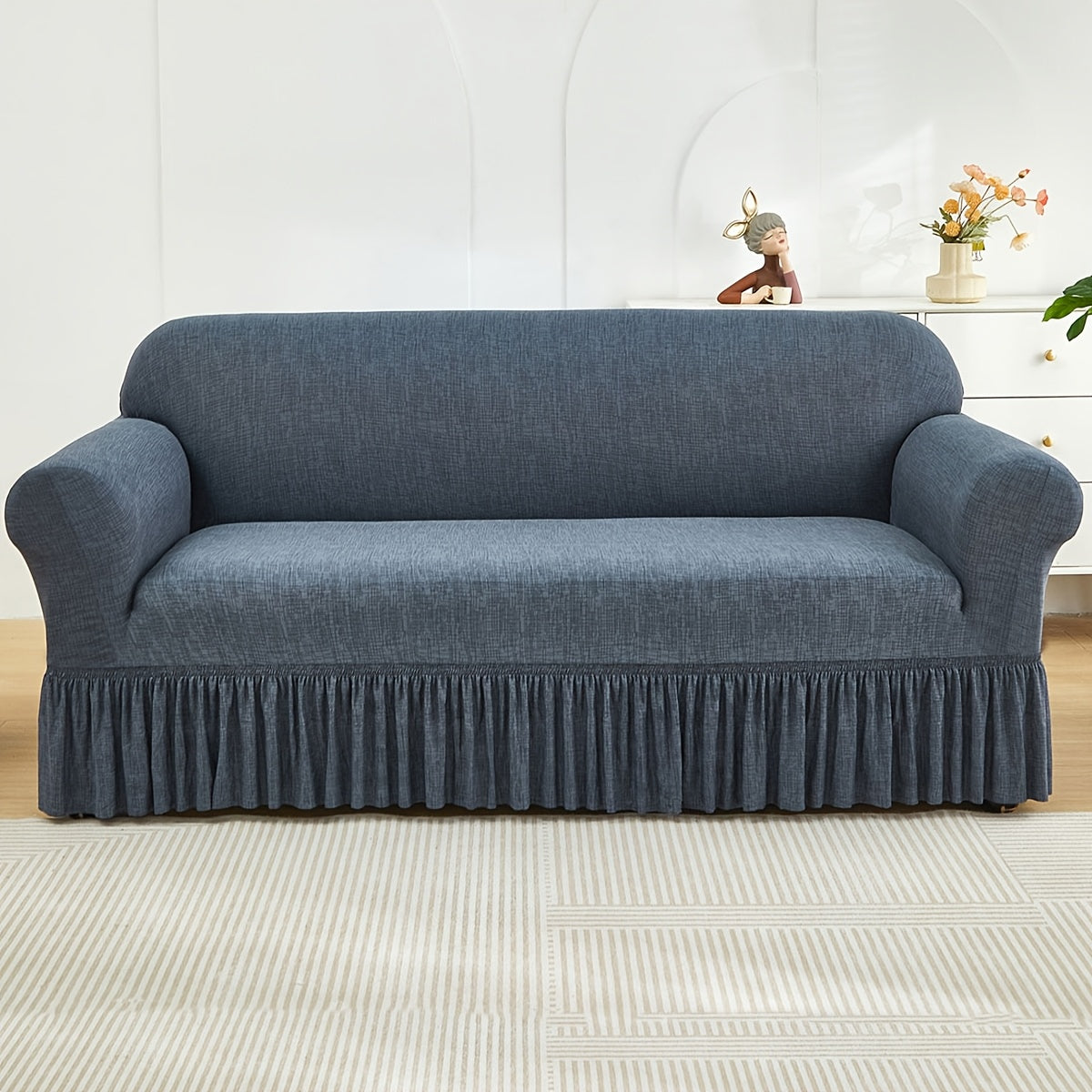 Elastic Sofa Cover with Skirt Full Coverage Printed Slipcover Machine Washable Universal Fit 2 3 4 Seater Couch Protector Living Room