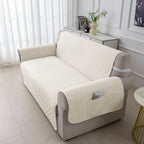 Sofa Cushion Cover with Storage Pocket – Pet-Proof Non-Slip Multi-Function Sofa Protector, All-Season Machine Washable, 1/2/3-Seater, Navy Coffee Off-White Dark Gray