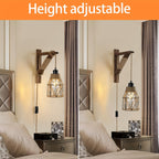 Plug-In Wall Sconces Farmhouse Rustic Metal Cage with Wooden Bracket – Hanging Lamps That Plug Into Wall Outlet for Bedroom, Living Room & Headboard – 1 or 2 Pack