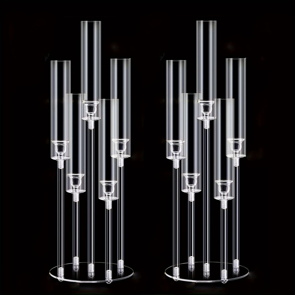 Acrylic Candelabra Centerpiece Set of 2 – Clear 5-Arm Candle Holder with Shades, 3-Height Design for Wedding, Christmas, Thanksgiving, Birthday & Party Table Decor – Fits 0.87" LED Candles