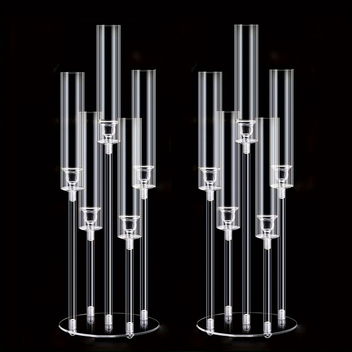 Acrylic Candelabra Centerpiece Set of 2 – Clear 5-Arm Candle Holder with Shades, 3-Height Design for Wedding, Christmas, Thanksgiving, Birthday & Party Table Decor – Fits 0.87" LED Candles