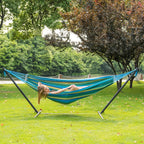 Heavy-Duty Double Hammock with Steel Stand – 450 lbs Capacity, 100% Linen Canvas, Carry Case & Head Pillow Included, No Assembly, Portable for Patio, Backyard, Camping & Balcony | 4 Colors