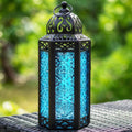 Moroccan Candle Lantern Holder Medium 10.5 Inch – Handcrafted Glass Iron Metal Lantern with Embossed Floral Panels, 17 Colors, Indoor Outdoor Use for Ramadan, Wedding, Patio, Diwali & Home Decor