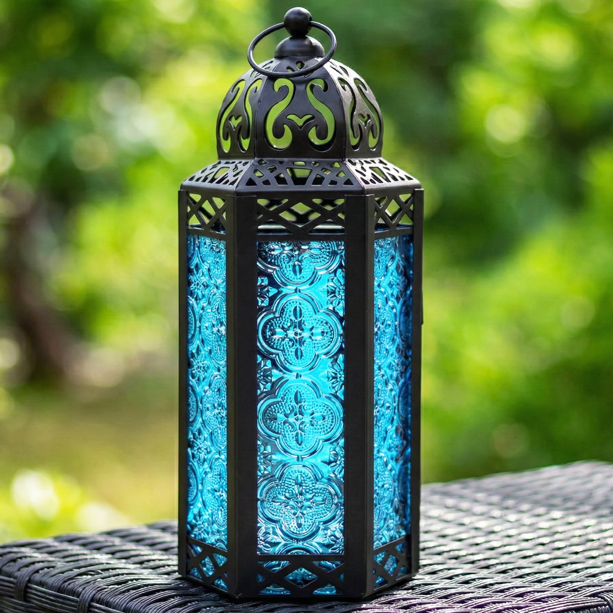 Moroccan Candle Lantern Holder Medium 10.5 Inch – Handcrafted Glass Iron Metal Lantern with Embossed Floral Panels, 17 Colors, Indoor Outdoor Use for Ramadan, Wedding, Patio, Diwali & Home Decor