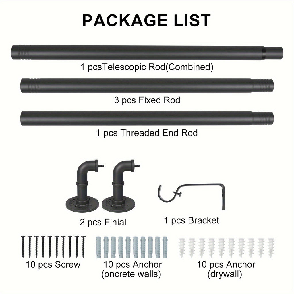 Curtain Rod Black Industrial 1 Inch with Brackets – Rustic Heavy Duty Window Rod Set for Indoor & Outdoor Use | 4 Sizes