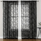 Vintage Lace Door Curtain with Wave Edge – Semi-Sheer Floral Embroidered Rod Pocket Panel for Home, Hallway & Outdoor | White, Black & Green